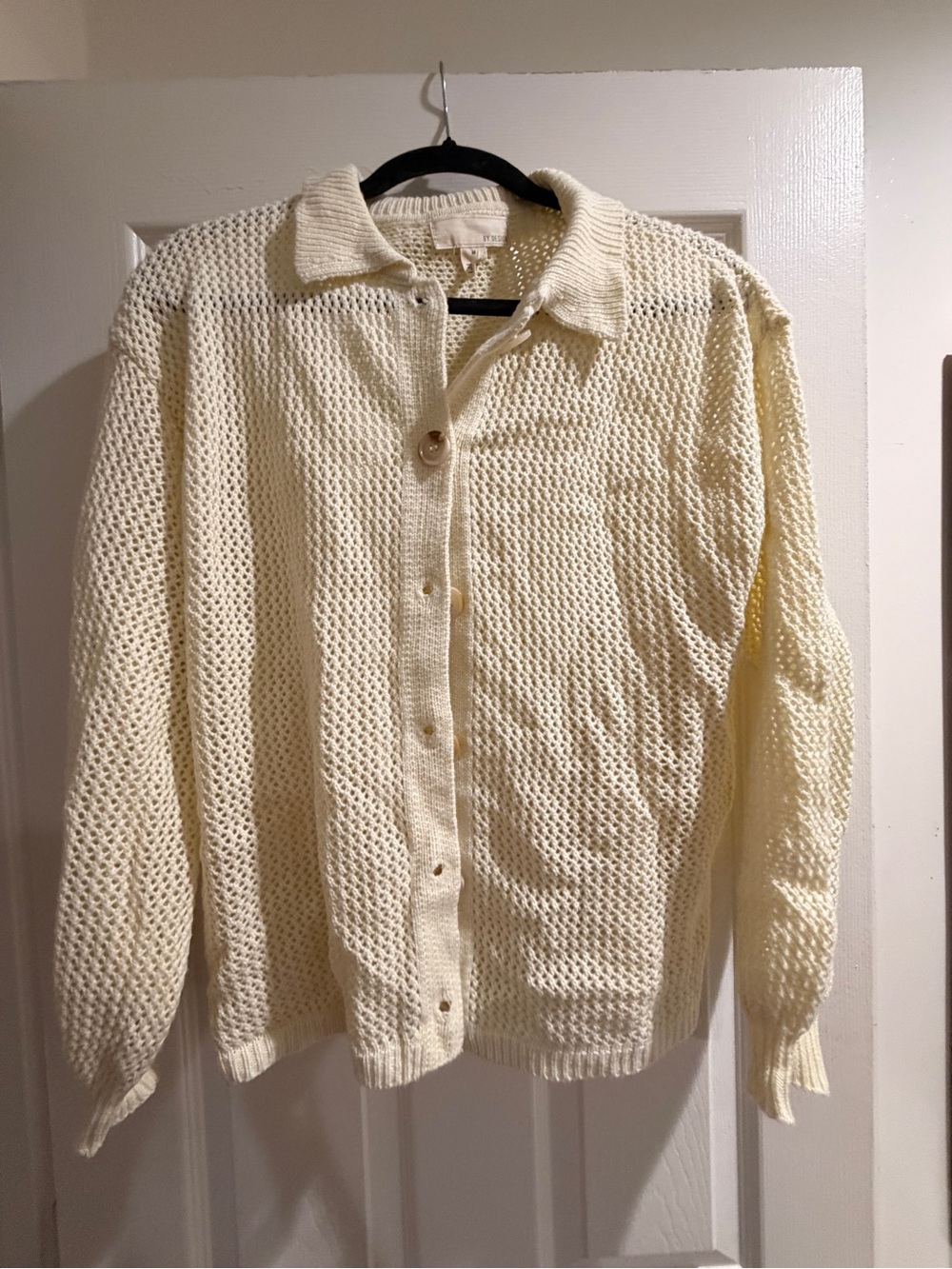 Cream Open-Weave Button Through Cardigan Sweater
